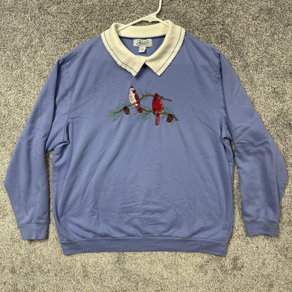 Cardinal Pine Tree Sweatshirt XL Collared Embroidered Grandmacore Birds Winter